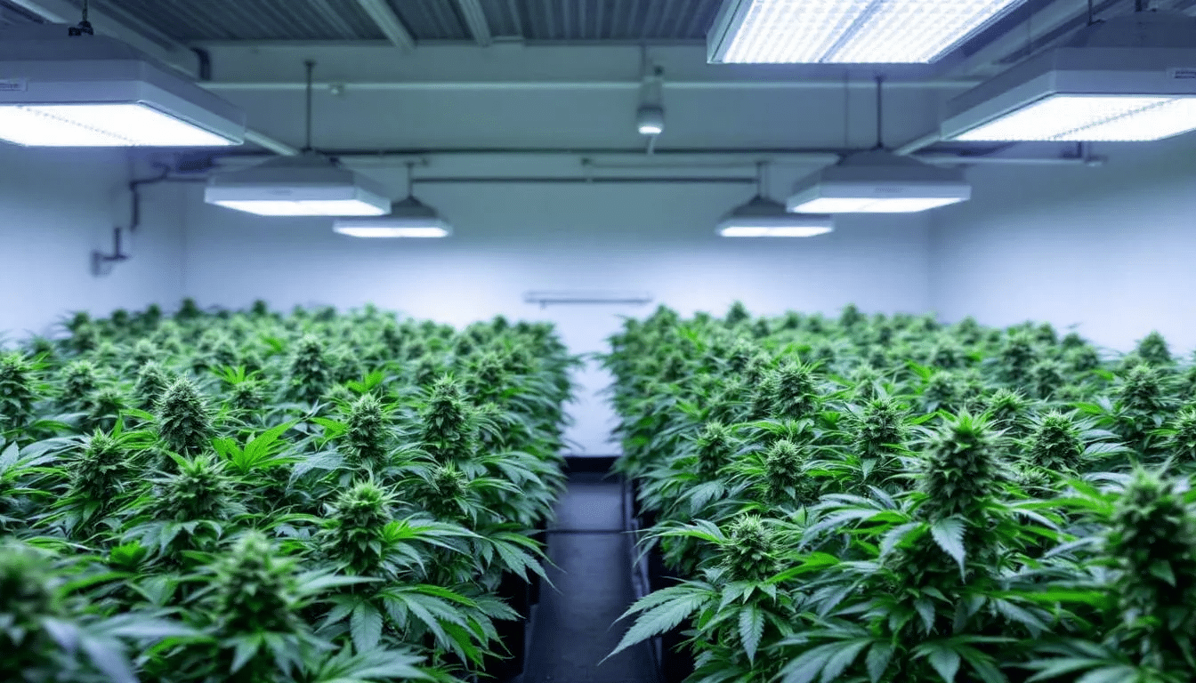 In an indoor cultivation facility, lush cannabis plants thrive under bright LED lighting, showcasing various cannabis strains including sativa and indica. This environment highlights the cannabis industry's focus on cultivating plants with specific characteristics for medicinal properties and recreational use.