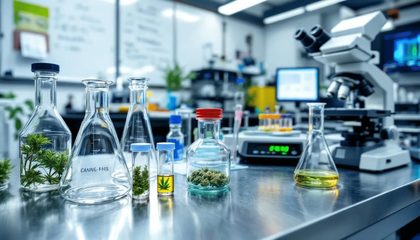 In the image, scientific laboratory equipment is shown with various cannabis samples being tested, highlighting different strains like cannabis sativa and indica. The setup reflects ongoing cannabis research focused on the medicinal properties and specific characteristics of these plants, aimed at understanding their effects for pain relief and stress management.