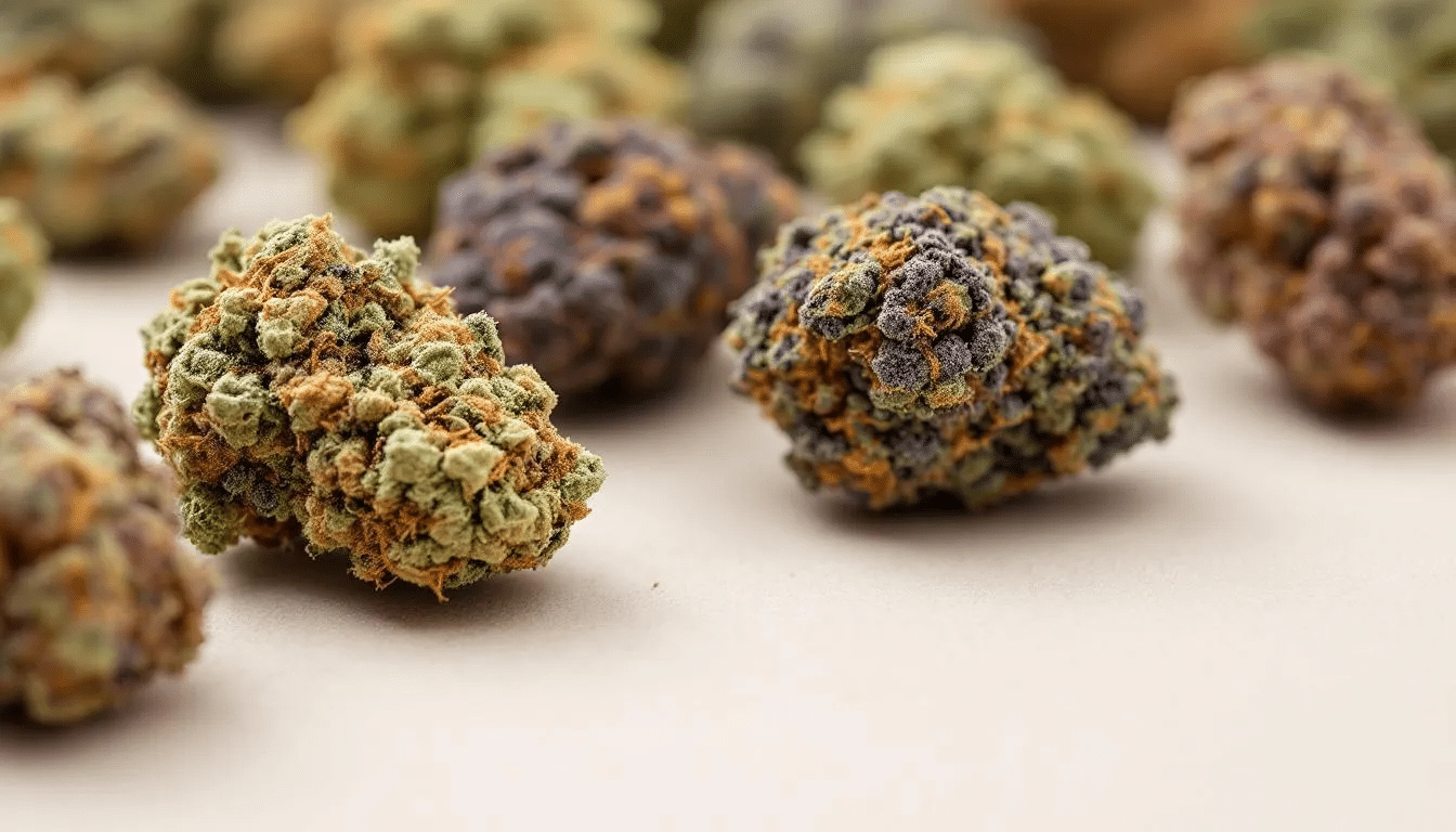 The image features a close-up view of various colorful cannabis buds, showcasing a range of textures and hues, highlighting the specific characteristics of different strains such as the vibrant green of sativa strains and the deep purples of indica varieties. These buds represent the diversity within the cannabis industry, offering users a glimpse into the unique flavor profiles and potential medicinal properties of the best weed strains.