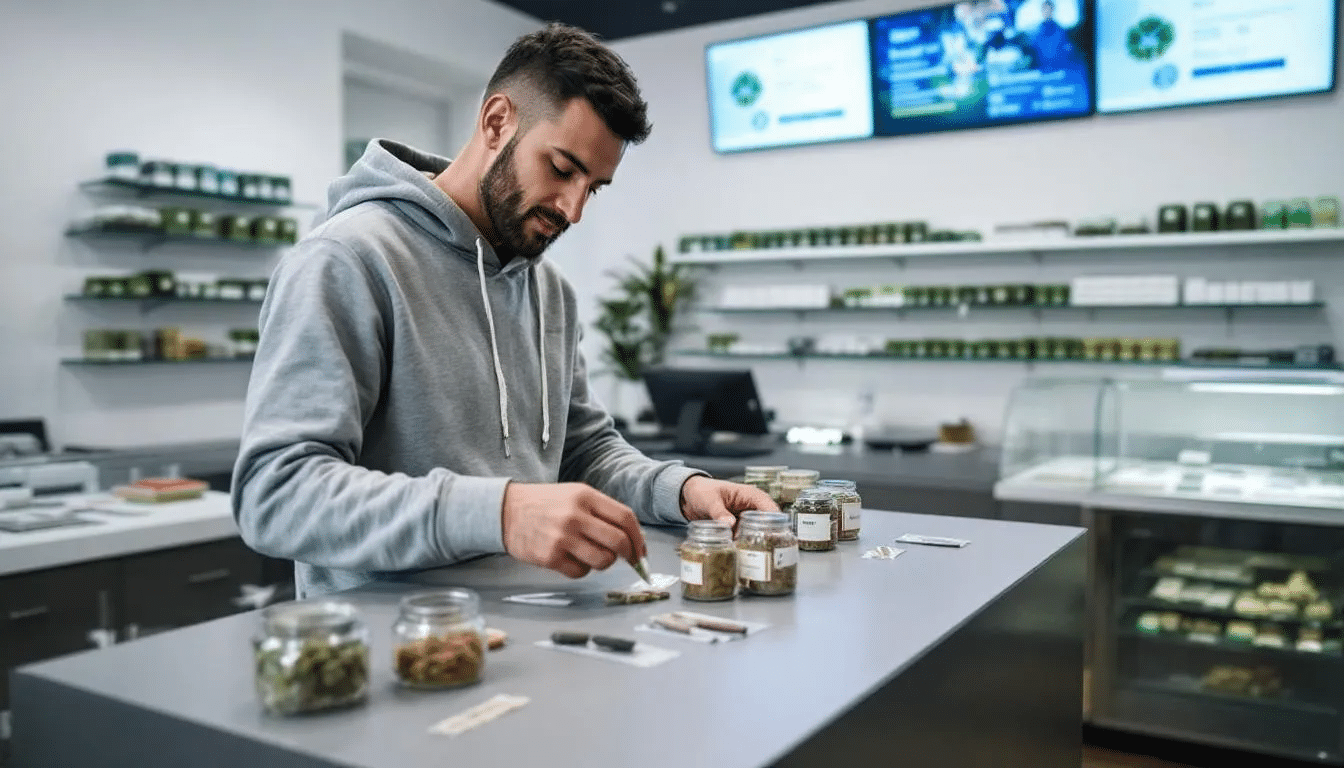 A person is carefully examining various cannabis products in a modern dispensary, showcasing different strains such as sativa, indica, and hybrids, each with unique flavors and medicinal properties. The atmosphere reflects the growing cannabis industry, emphasizing the importance of selecting the right weed strain for specific needs like stress relief or pain management.