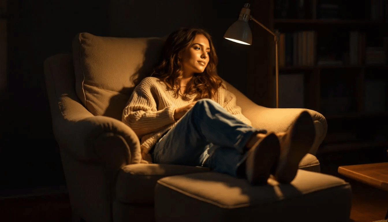 A person is seen relaxing in a comfortable chair, surrounded by soft, warm lighting that creates a calming atmosphere in the evening. This serene setting evokes a sense of deep relaxation, perfect for enjoying various cannabis strains that offer stress relief and medicinal properties.