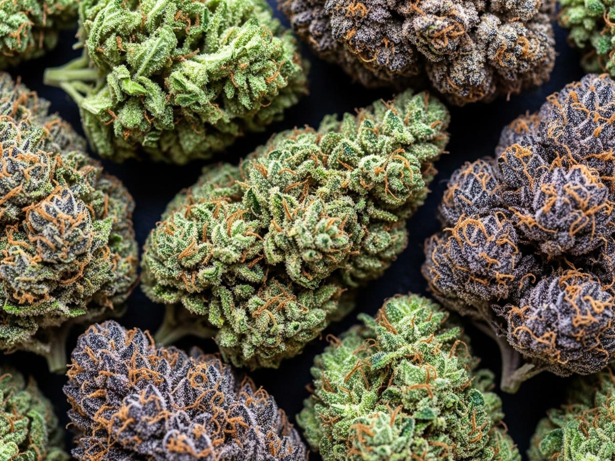 a close-up view of various colorful cannabis buds