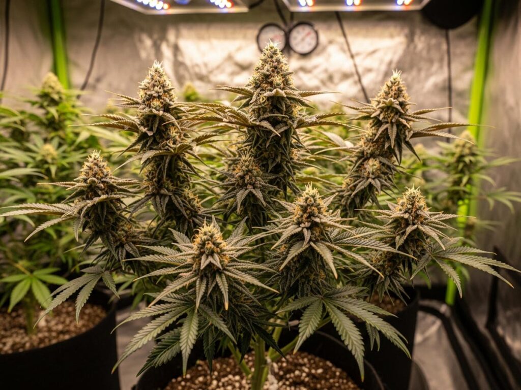 A healthy Bompton Berry cannabis plant growing indoors, showing its bushy structure and dense buds.