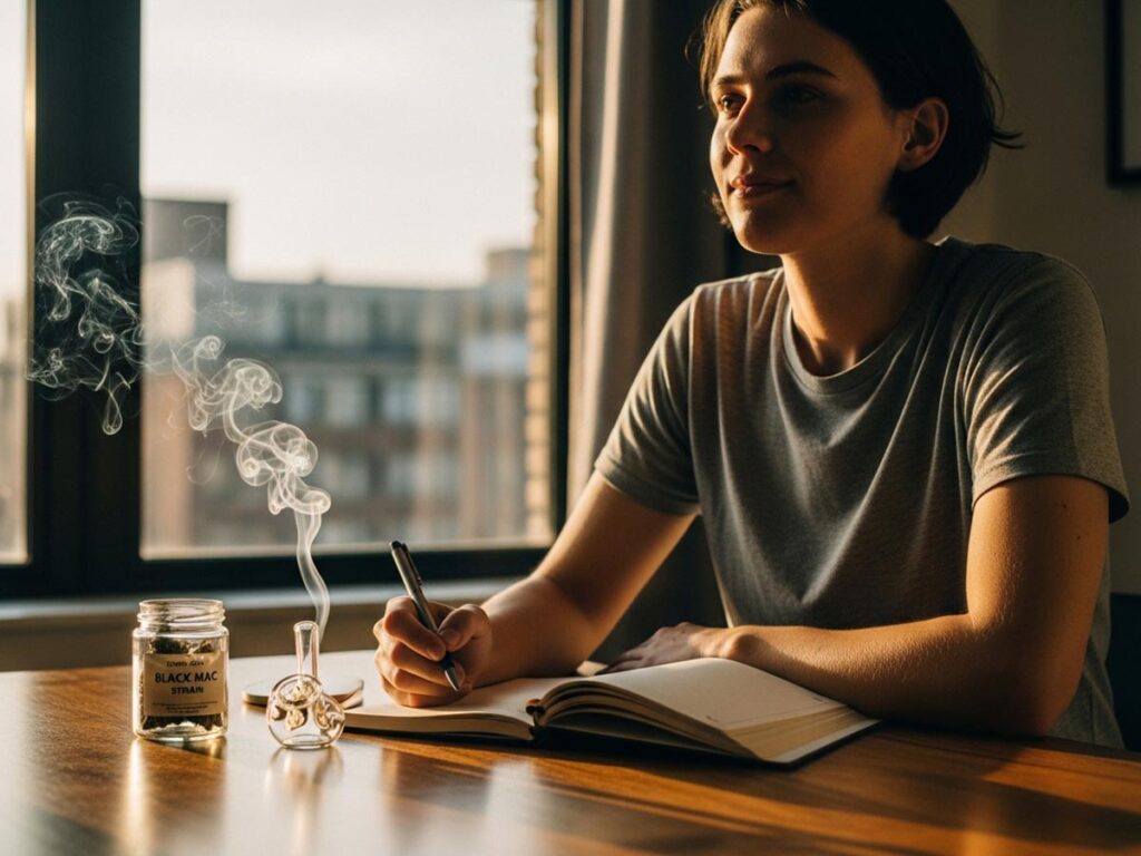 A person feeling relaxed and creative, enjoying the Black Mac Strain experience