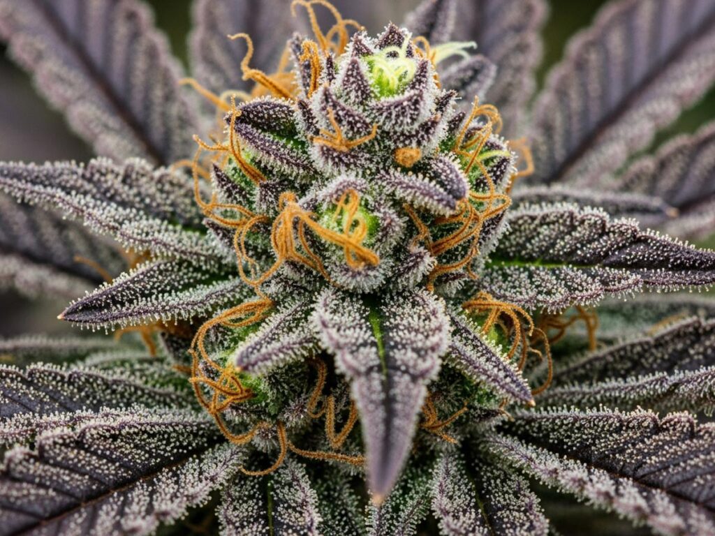Close up of a Black Mac strain bud showing purple and green hues with orange hairs.