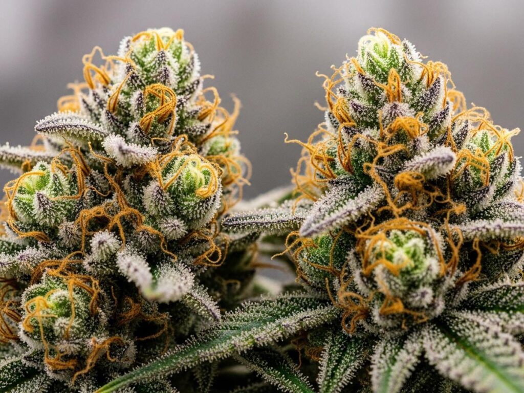 Two cannabis buds with frosty trichomes and orange hairs, representing the Bompton Berry strain