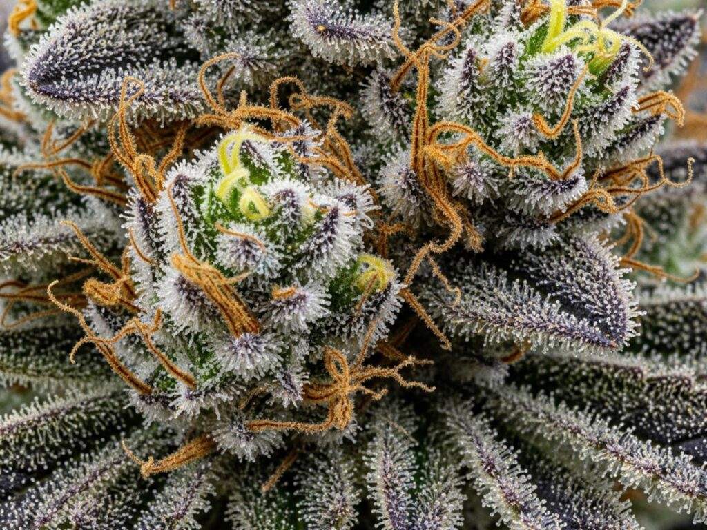 A detailed close-up shot of the Shark Bite cannabis strain, showing its frosty trichomes and dense bud structure.