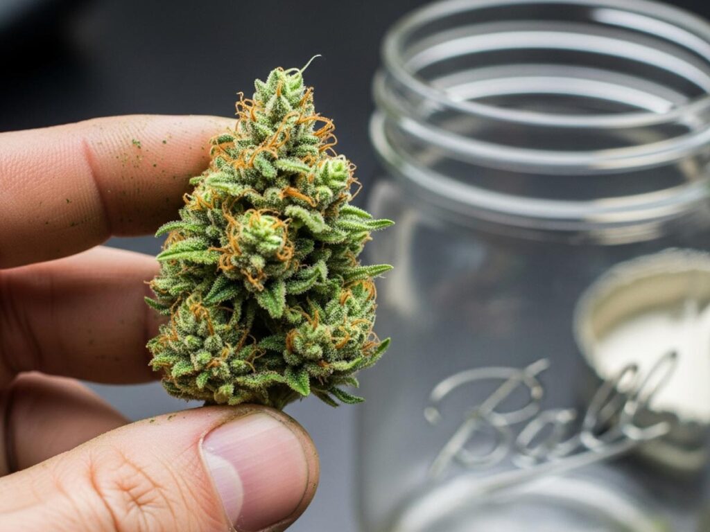 Hand holding a cannabis bud with a jar in the background, illustrating the start of the curing process.