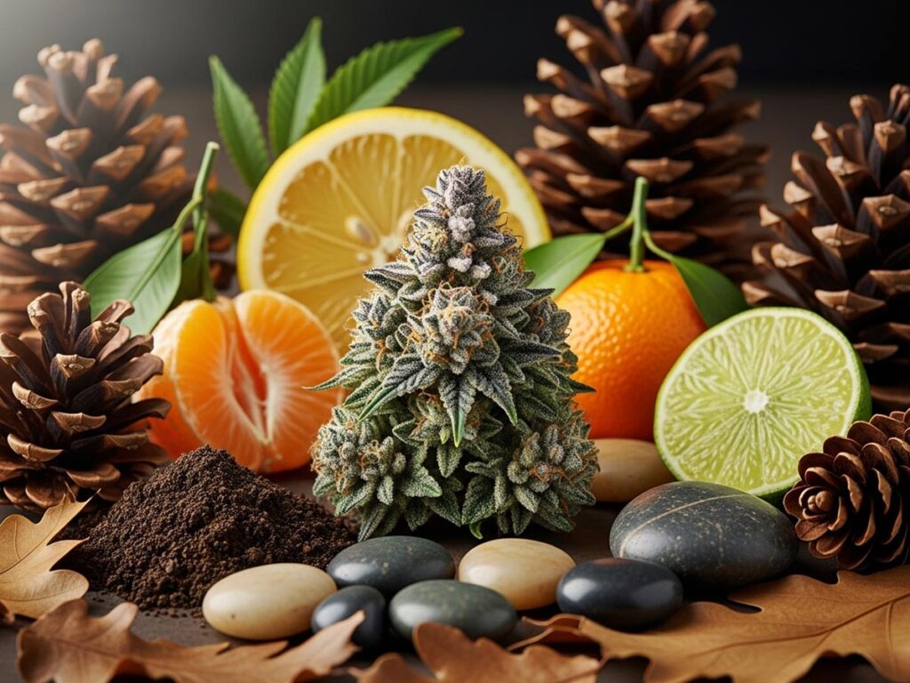 A close-up of cannabis terpenes represented by citrus fruits, pine cones, and earthy elements surrounding a Shark Bite bud.
