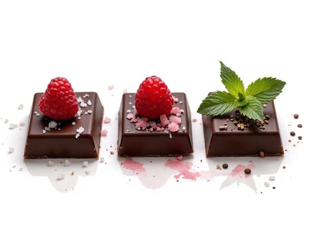 A hemp chocolate bar next to raspberries and mint leaves, showcasing flavor variety.