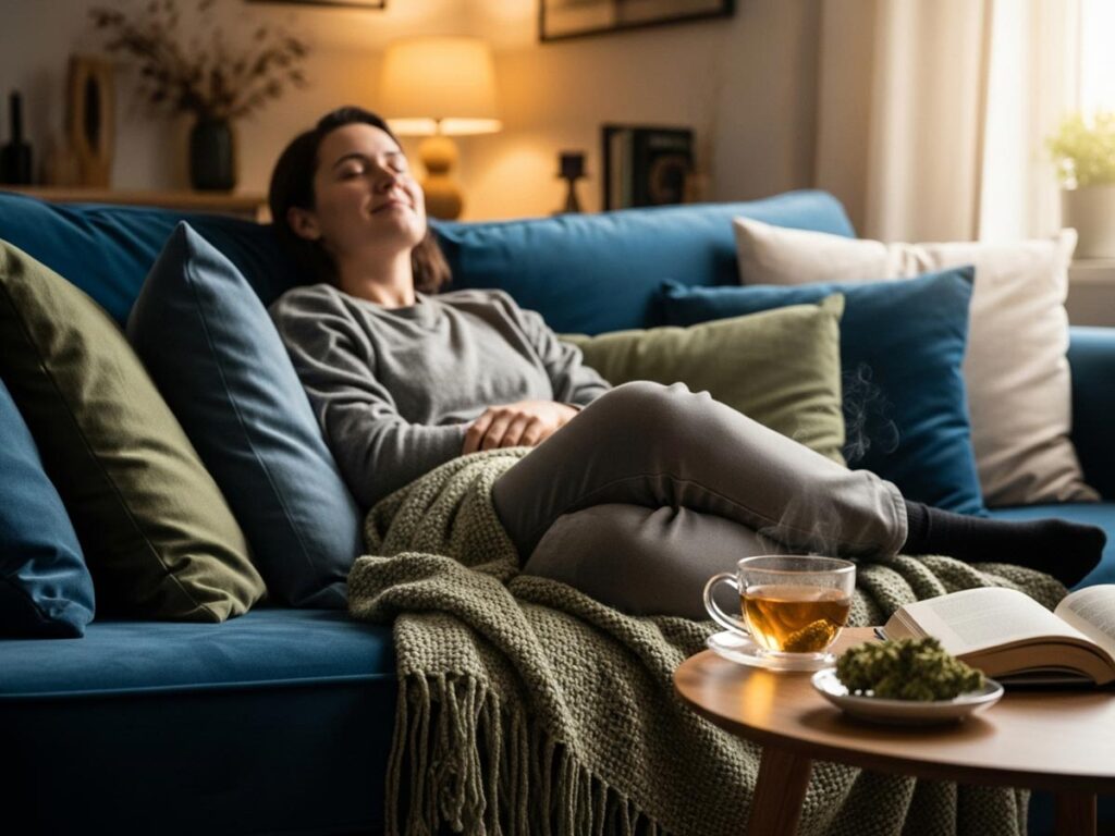 A person relaxes on a comfortable couch, embodying the soothing effects of the Dosilato strain.