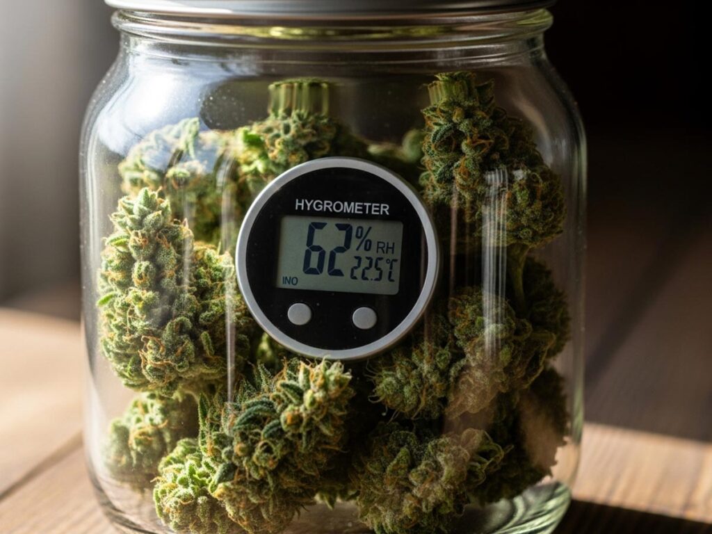 A digital hygrometer inside a glass jar filled with cannabis buds, showing a reading within the ideal humidity range.