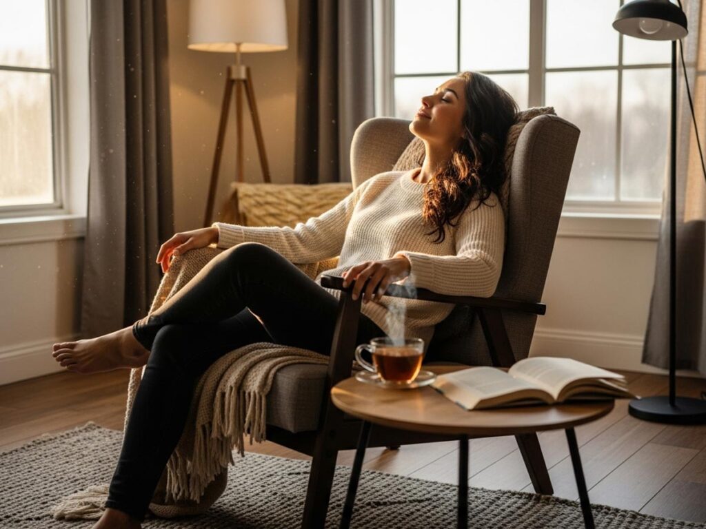 A person relaxing in a comfortable chair, looking happy and content, with soft, warm lighting in the room.
