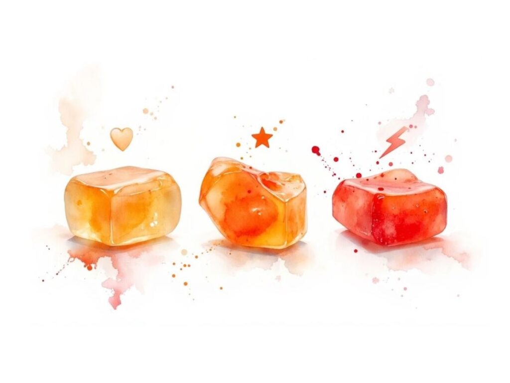 Vibrant red goji berry gummies arranged neatly on a surface, glowing under soft light
