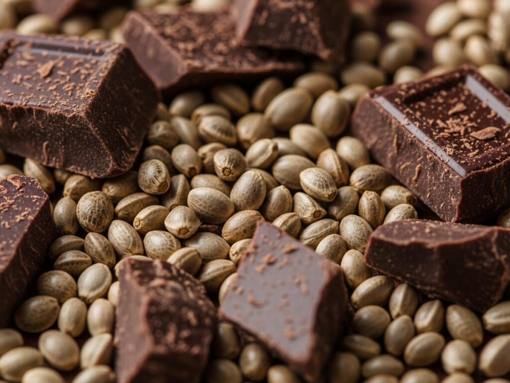 A close-up of hemp seeds and dark chocolate pieces arranged artfully, highlighting the key ingredients