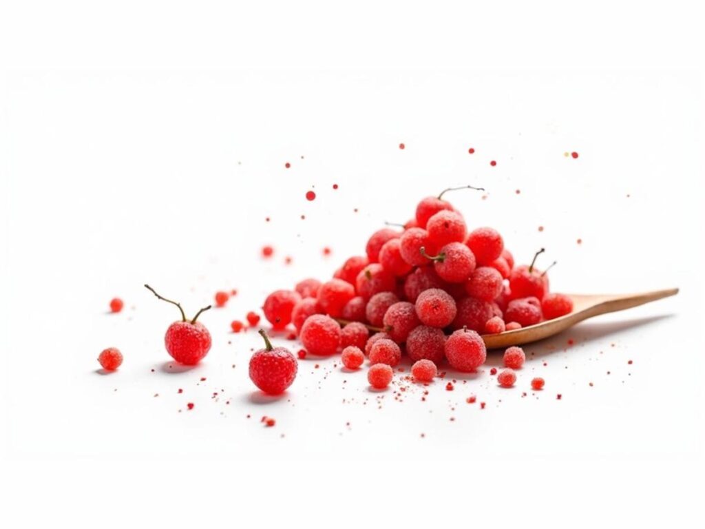 A close-up of vibrant red goji berry gummies in a bowl