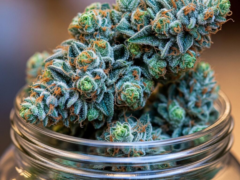 Blue Blitz cannabis buds showing deep green and blue hues with bright orange hairs, coming out of a transparent container