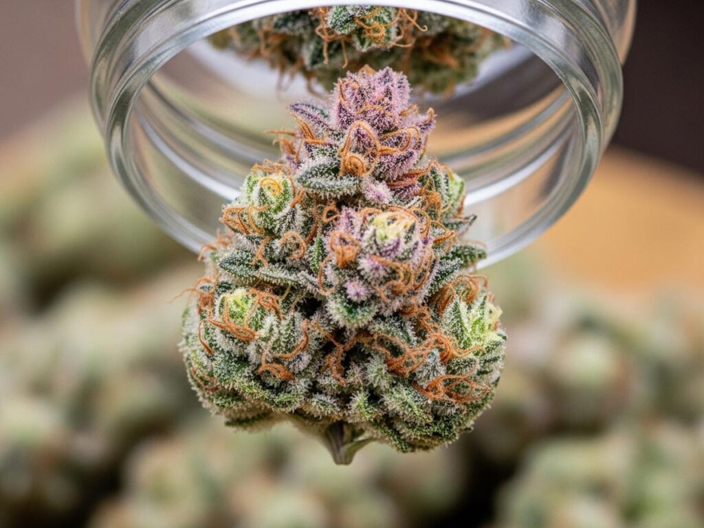 A vibrant close-up of a Pink Sorbet cannabis bud, showing frosty trichomes and hints of pink and purple