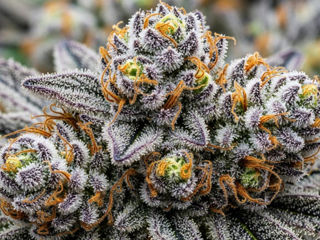 Vividly colored Balla Berries strain buds, highlighting their frosty trichomes and dense structure.