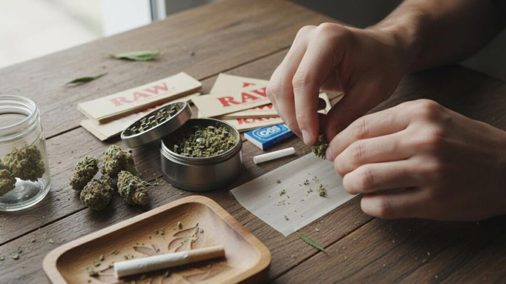 A collection of joint rolling supplies including a grinder, rolling papers, and cannabis flower arranged on a wooden surface.