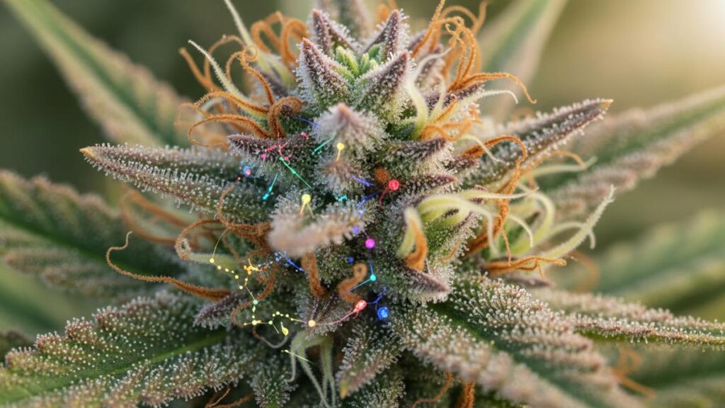 A close-up of a vibrant cannabis plant with trichomes glistening, representing the various compounds involved in the entourage effect.